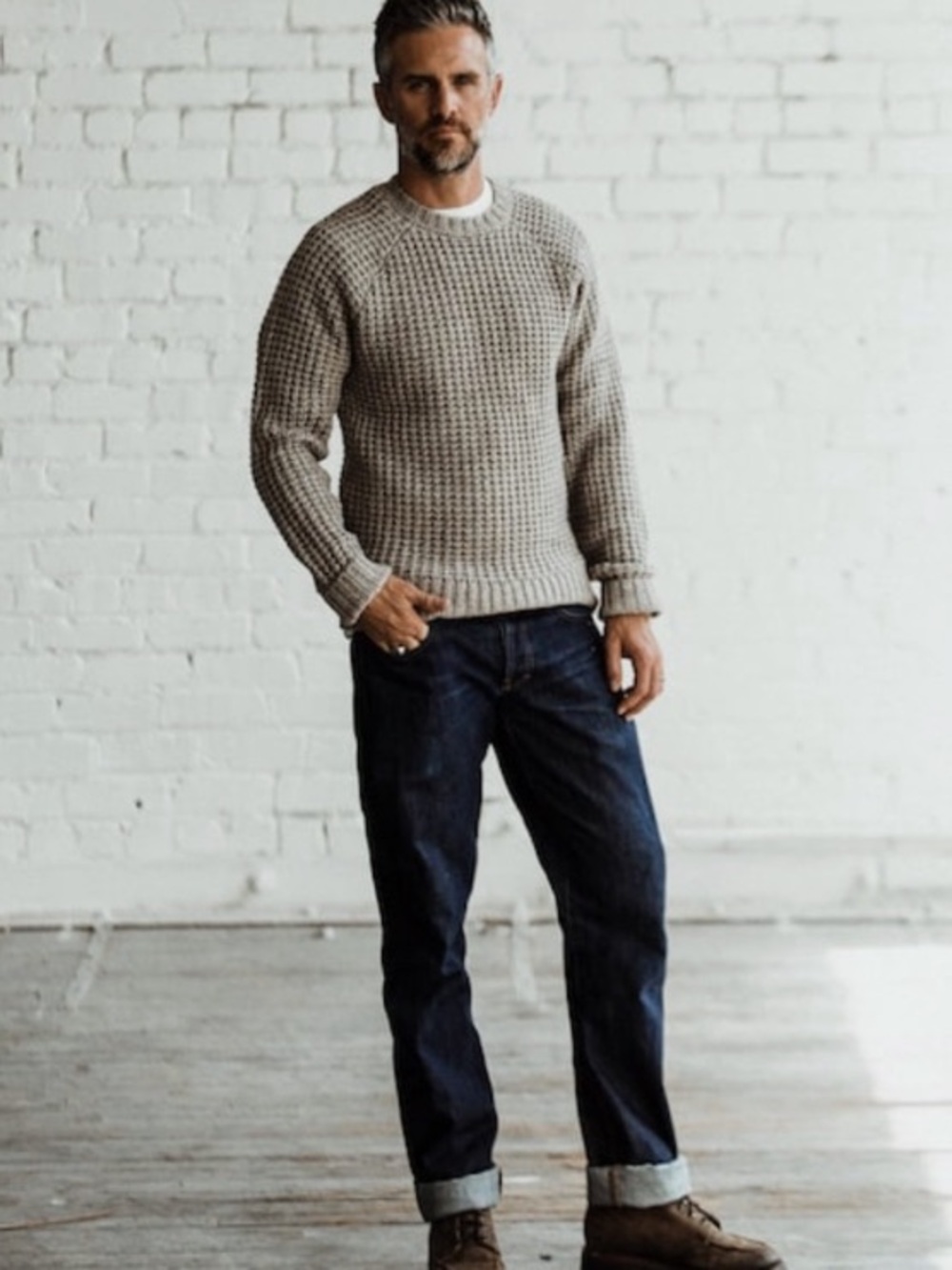 Taylor Stitch Fisherman Hardtack Waffle Crewneck Sweater in Oatmeal Size 38